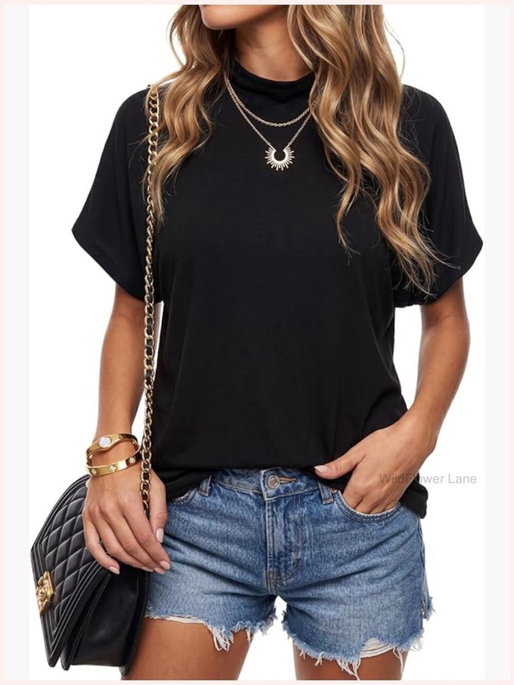 High Mock Neck Batwing Short Sleeve Blouse Asymmetric Hem Casual Top